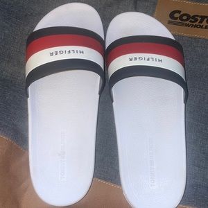 NEXT TO NEW TOMMY HILFIGER SLIDES WORE ONCE IN THE HOUSE RED WHITE & BLUE RUBBER